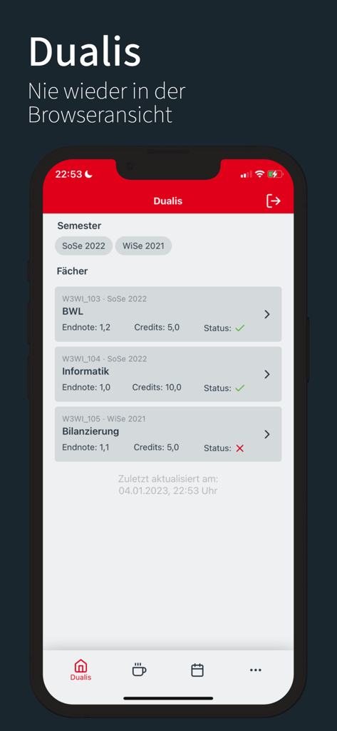Calificaciones de módulos de Dualis de DHBW CampusApp y resumen del semestre