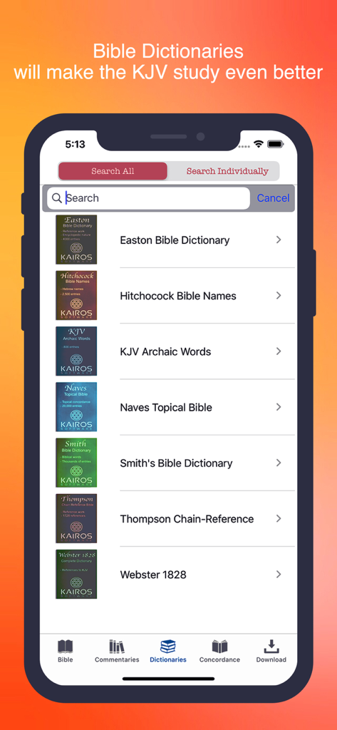 A list of Bible study dictionaries within the KJV Strong's Concordance app.