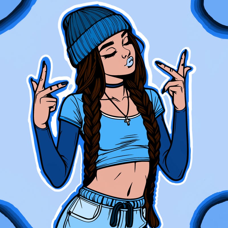 realistic teenage girl with braids and a beanie and crop top doing 🫶🏼