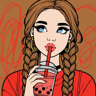 realistic girl with braided hair drinking boba