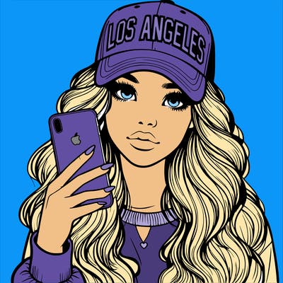 realistic beautiful girl wearing los ángeles cap holding an iphone