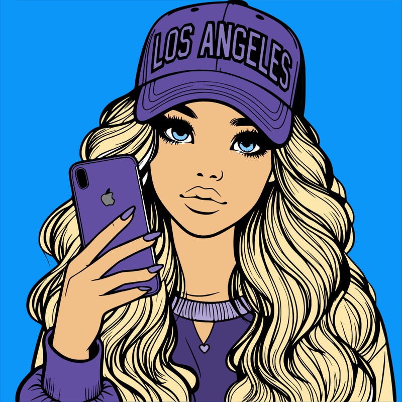 realistic beautiful girl wearing los ángeles cap holding an iphone