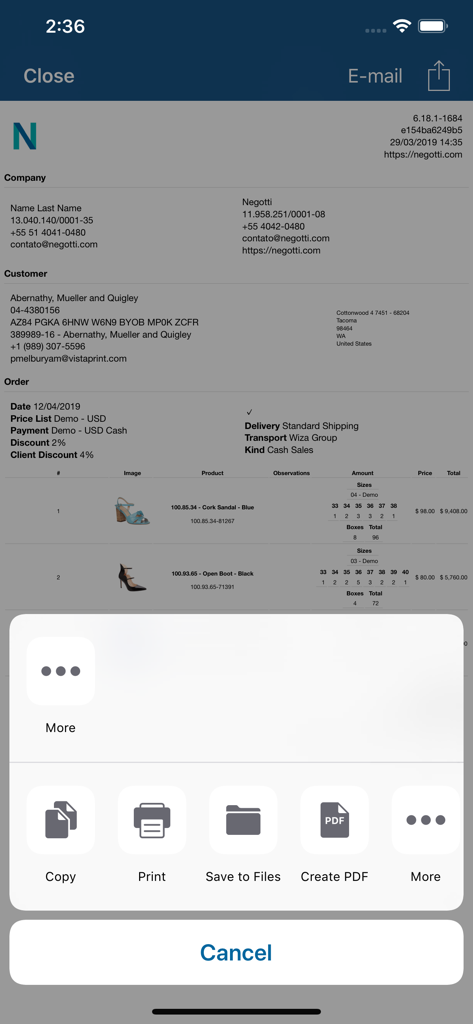Negotti - Resumo do pedido de vendas B2B no aplicativo Negotti com opções para exportar ou imprimir