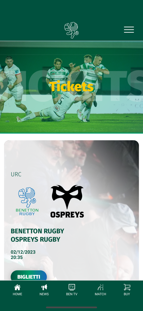 Benetton Rugby Official App - Interface of the Benetton Rugby app showing match tickets for a game against Ospreys