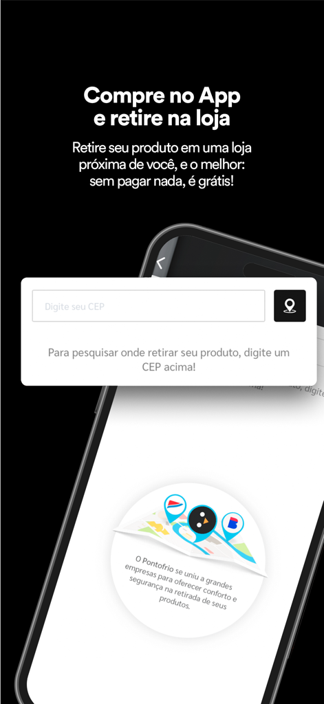 Pontofrio: Compre online - Schermata dell'app mobile Ponto che mostra l'opzione per acquistare prodotti e ritirarli gratuitamente in un negozio locale.