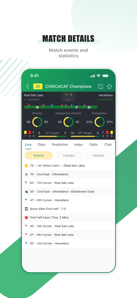A detailed view of soccer match statistics and live event timeline within the Firescore app