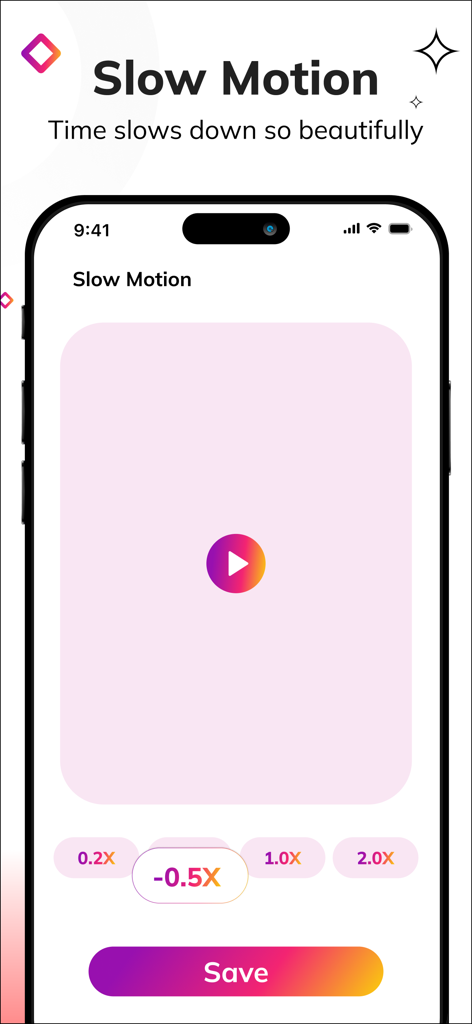 Oberfläche der SnapTube-App, die das Zeitlupen-Videoeditor-Tool mit Geschwindigkeitsanpassungsoptionen und einer Speichertaste zeigt.