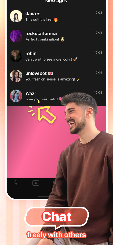 Lilia - Chat - Eine mobile App-Oberfläche, die eine Liste von Chat-Nachrichten von verschiedenen Benutzern anzeigt, die positives Feedback zu Mode geben.