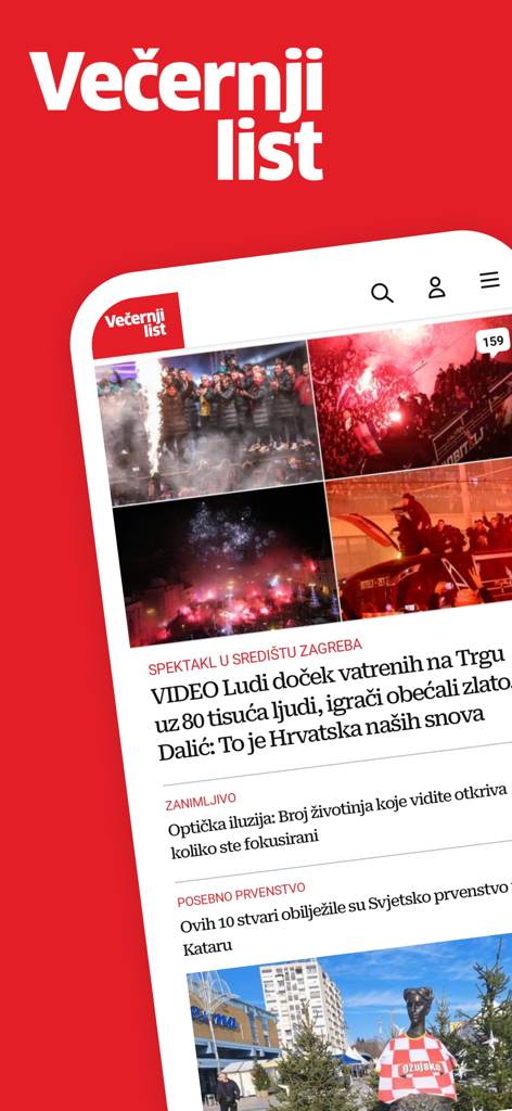 Večernji list - Večernji list mobile app interface showing Croatian news headlines and sports coverage.