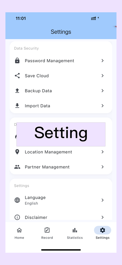 Sexual Calendar - Menú de configuración de Calendario Sexual que muestra opciones de contraseña y seguridad de datos