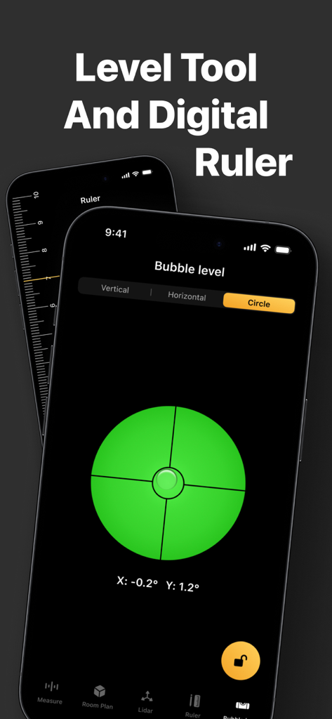 An iPhone displaying a digital bubble level tool and a vertical ruler interface from the Tape Measure app