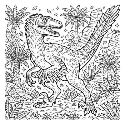 Journey back in time with our captivating Velociraptor species coloring page, showcasing this iconic dinosaur in its natural prehistoric habitat. This detailed line art template invites you to bring a vibrant ancient world to life with your favorite colors.