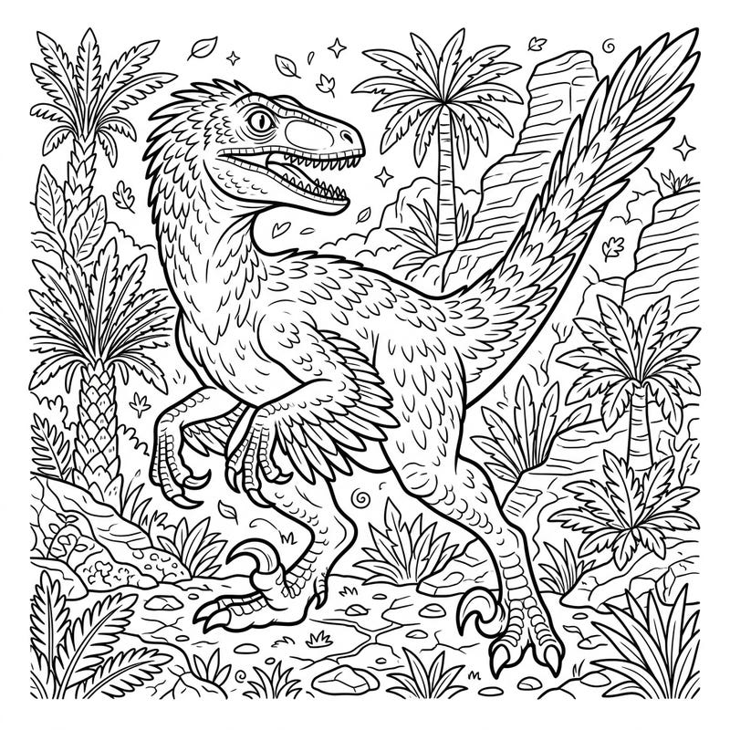 Journey back in time with our captivating Velociraptor species coloring page, showcasing this iconic dinosaur in its natural prehistoric habitat. This detailed line art template invites you to bring a vibrant ancient world to life with your favorite colors.