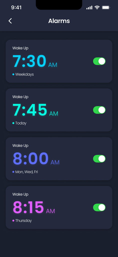 User interface of the Smart Alarm Clock app displaying a list of set morning alarms with toggle switches