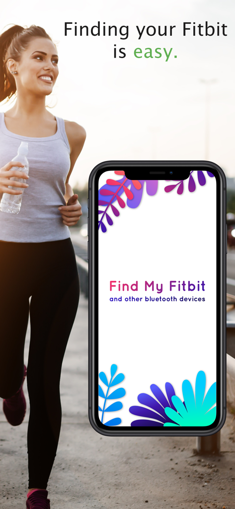 An iPhone displaying the Find My Fitbit app interface next to an active woman jogging outdoors
