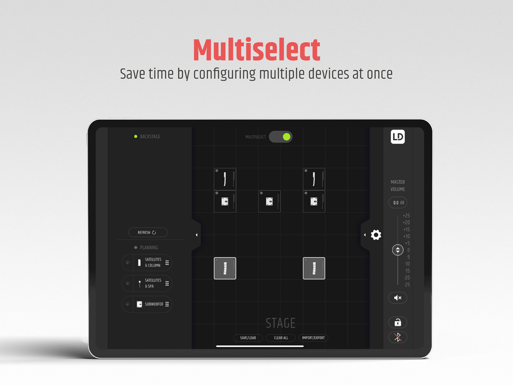 MAILA - Pantalla de selección múltiple de la aplicación MAILA para iPad para configurar múltiples dispositivos de audio simultáneamente