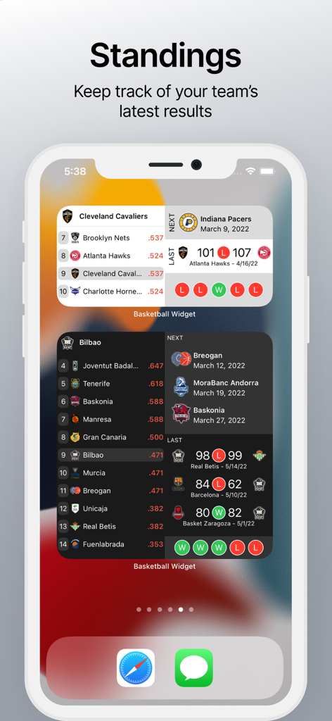 Standings - Basketball Widget - Basketball widgets on an iPhone home screen displaying team standings and match results in light and dark modes