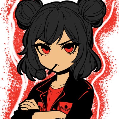 an anime girl with pigtails buns that are loose and free, she is wearing a jean jacket with her arms crossed. she has a lollipop in her mouth with her eyes narrowed. she looks very cool and daring