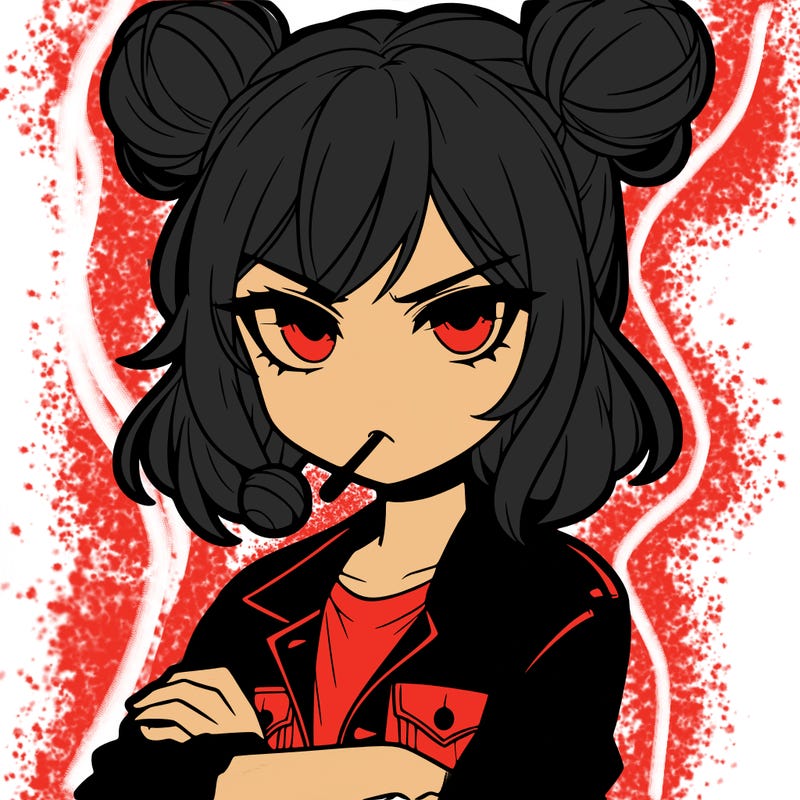 an anime girl with pigtails buns that are loose and free, she is wearing a jean jacket with her arms crossed. she has a lollipop in her mouth with her eyes narrowed. she looks very cool and daring