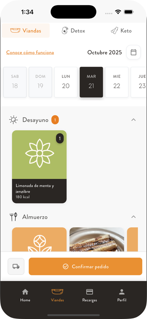 Delishop - Pantalla de la aplicación móvil Delishop para seleccionar comidas saludables diarias y confirmar pedidos