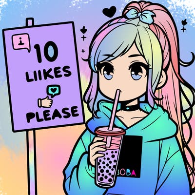 girl with a high ponytail and a hoodie drinking boba staring at a sign saying 10 likes please