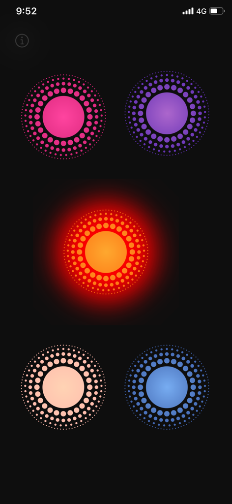 Five colorful glowing circles on a dark background representing finger positions in the Finger Picker app for group decision making.