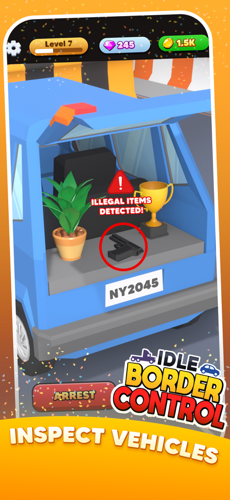 Idle Border Control - Gameplay screen of Idle Border Control showing a vehicle inspection with an illegal gun detected in the car trunk.