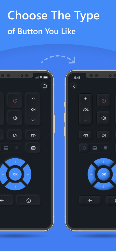 Deux iPhones montrant différentes dispositions de boutons de télécommande TV personnalisables dans l'application SmartRemote