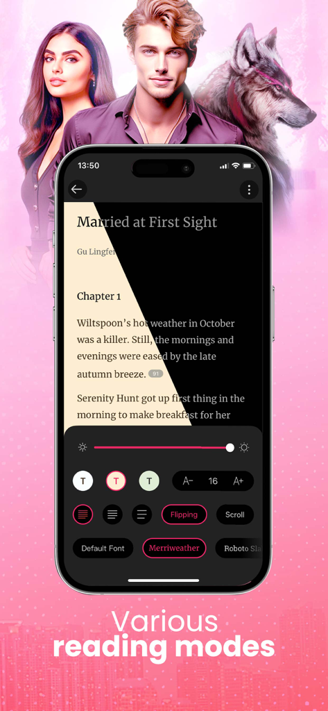 Smartphone screen showing GoodNovel app customizable reading settings including font size brightness and background themes for an ebook