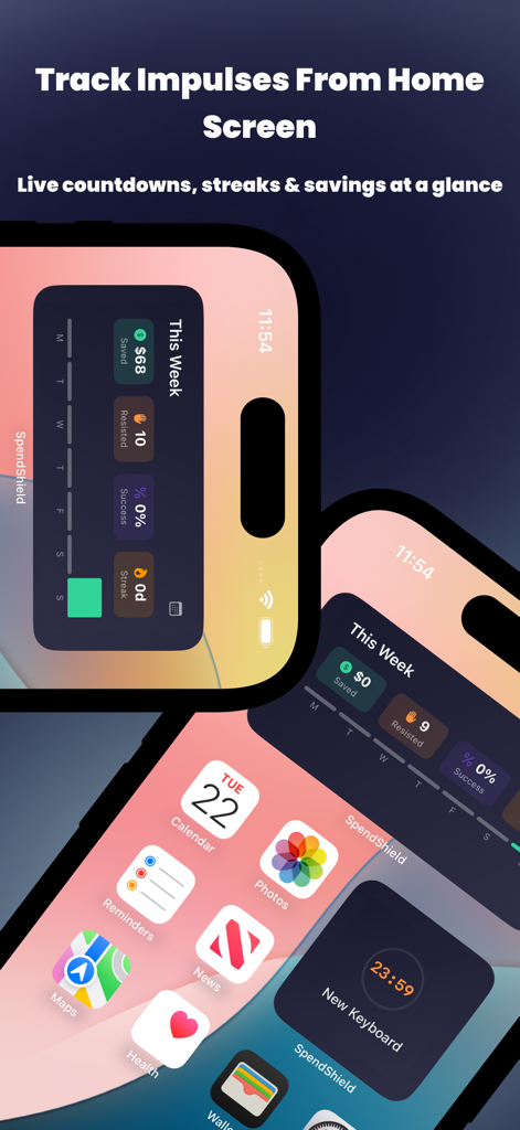 SpendShield - Impulse buying - Widgets do SpendShield para iOS rastreando poupanças e contagens regressivas para controle de compras impulsivas na tela inicial do telefone.