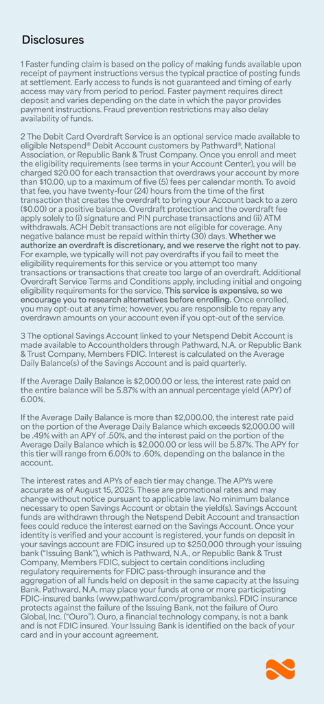 Legal disclosures for the Netspend app outlining terms for early funding overdraft protection and high yield savings