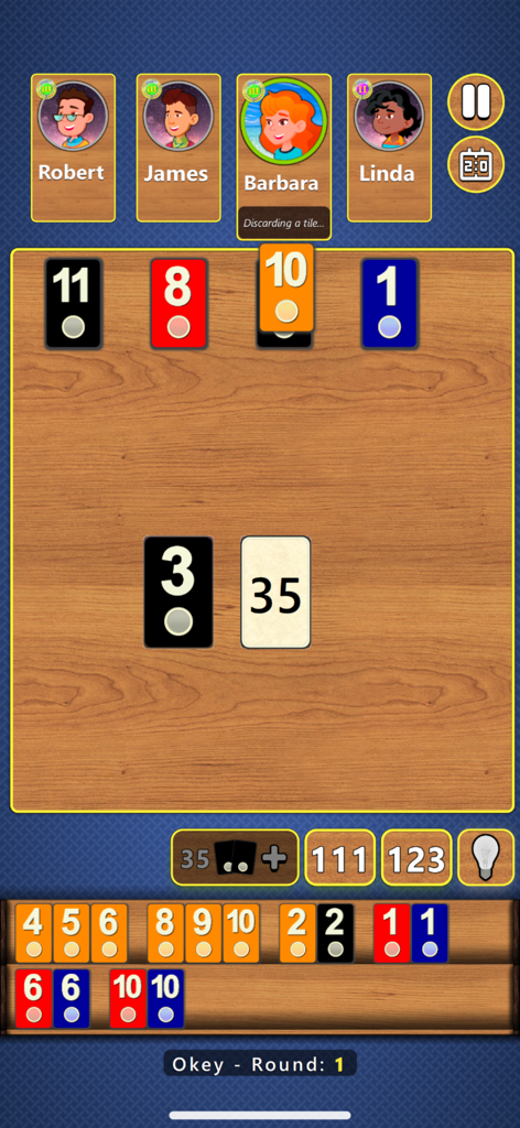 Rummy 4 in 1 Board Game - A gameplay screen of Okey featuring colorful numbered tiles on a wooden board with character avatars for Robert, James, Barbara, and Linda.