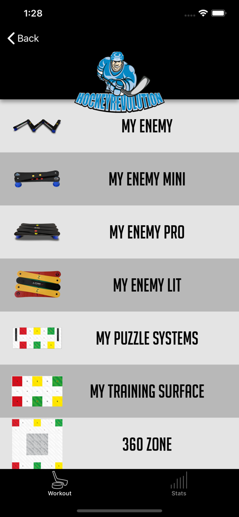 Menú de la aplicación Hockey Revolution que muestra varios dispositivos de entrenamiento de manejo de palo y sistemas de superficie de rompecabezas