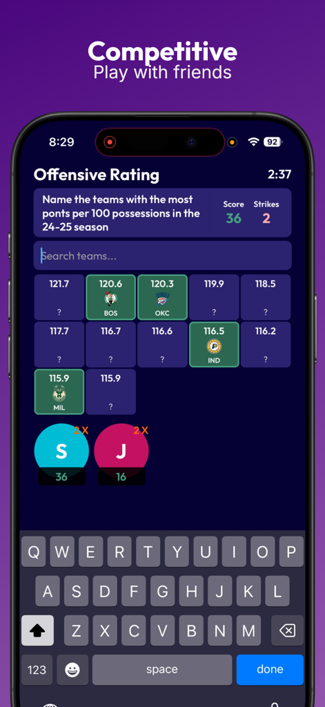 Blacktop Trivia - A screenshot of Blacktop Trivia showing an NBA offensive rating challenge in a competitive multiplayer mode.