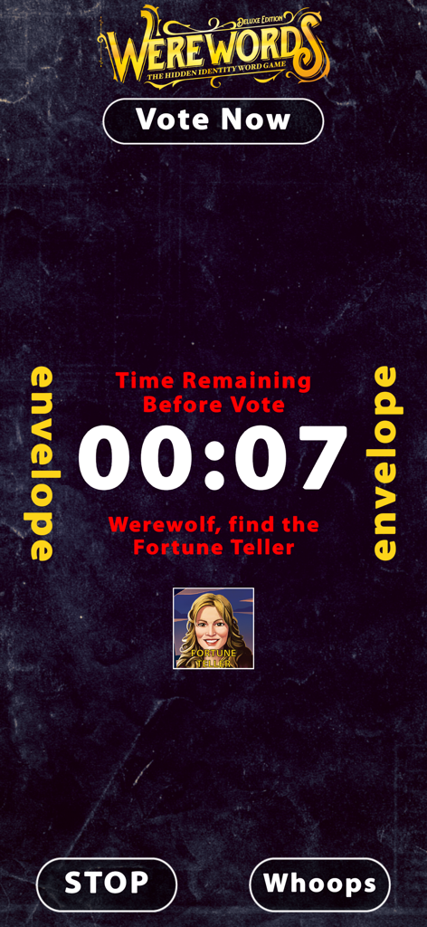 Werewordsアプリのインターフェース。7秒のカウントダウンと、ゲームラウンド中の占い師のロールが表示されます。