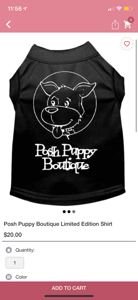 The Posh Puppy Boutique - A product page in the Posh Puppy Boutique app featuring a black limited edition dog shirt with a white dog illustration and logo.