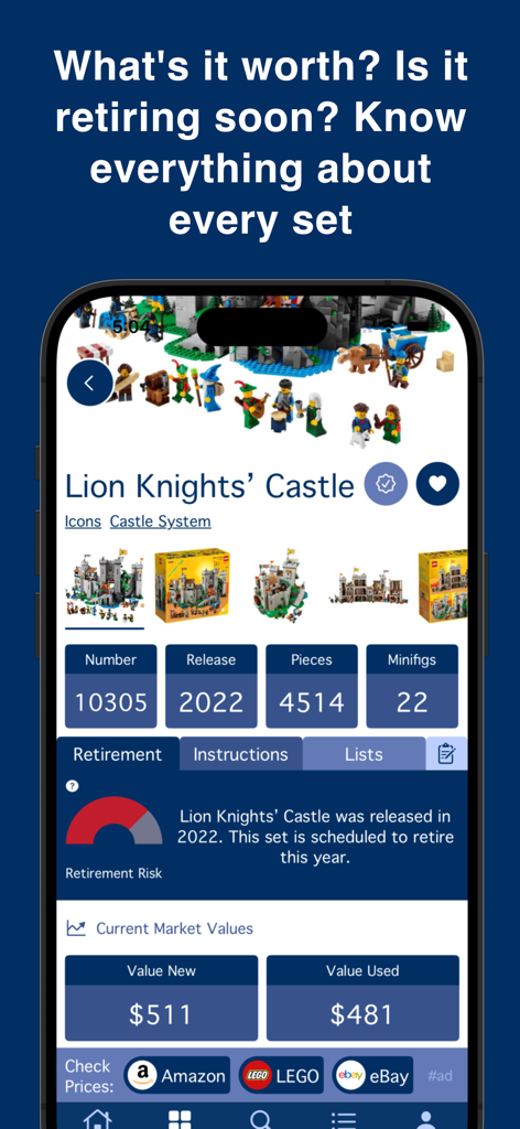 omgbricks for LEGO Sets - Interface of omgbricks app showing LEGO set details including retirement status and market prices