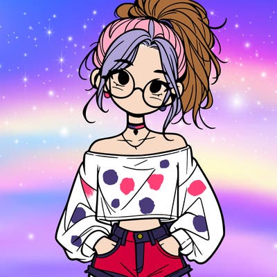 girl with a messy ponytail glasses a baggy crop top and jean shorts