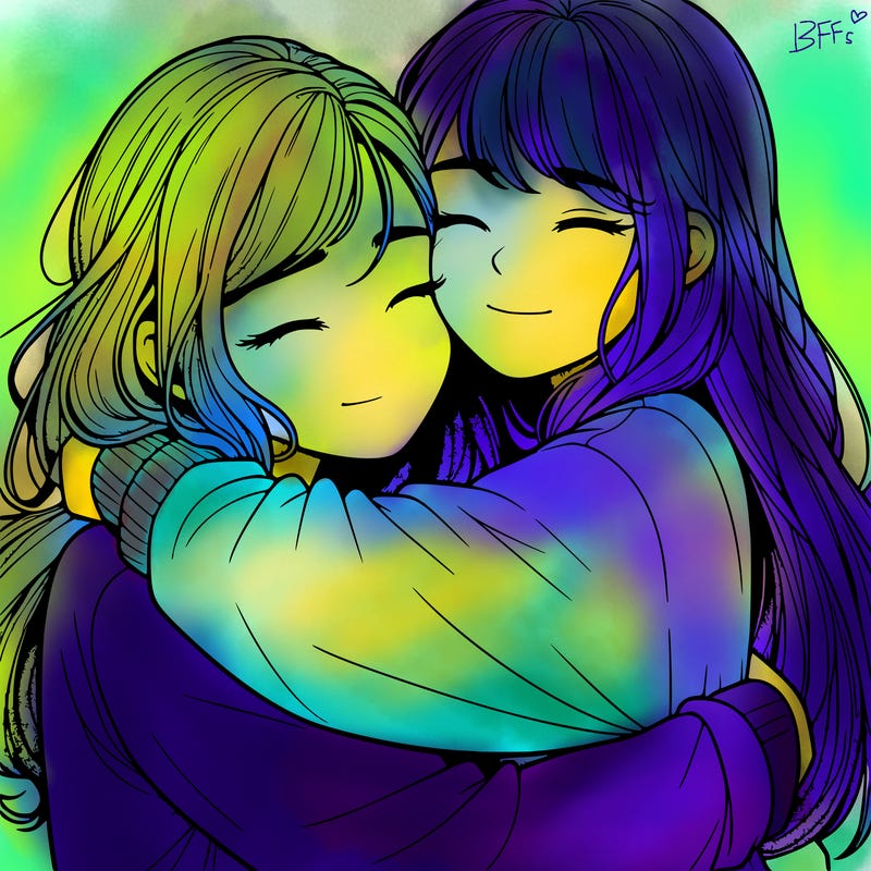 realistic two girls hugging