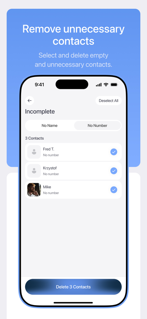 Blyss - cleaner app - Interface of the Blyss app showing the contact manager feature for deleting unnecessary and incomplete contacts on an iPhone