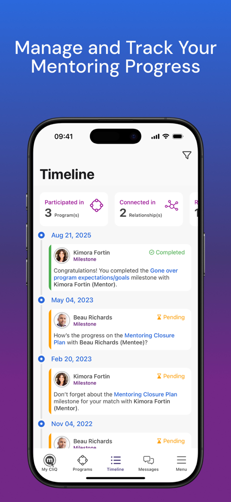 MentorcliQ - MentorcliQ app screen displaying a timeline of mentoring milestones and relationship progress.