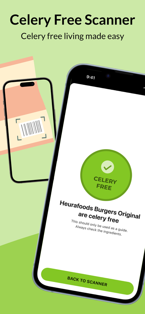 Smartphone screen displaying a celery free status after scanning a food product barcode.