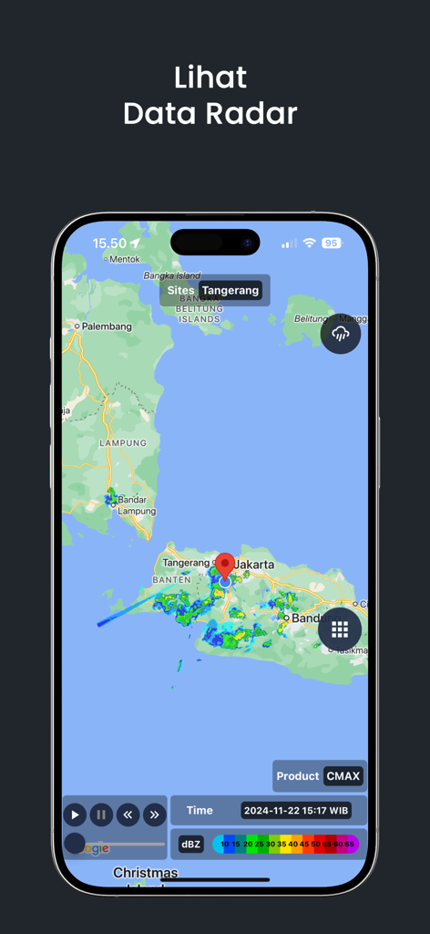 Sidarma Mobile - Sidarma Mobile app interface showing a real-time weather radar map of Jakarta Indonesia with precipitation intensity levels
