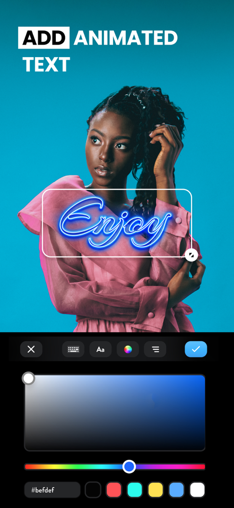Video Editor with Music・VidLab - VidLab app interface showing animated neon text overlay and color customization tools