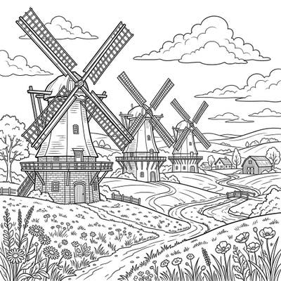 Step into a serene rural setting with this captivating coloring page featuring beautifully restored windmills. Discover the charm of these iconic structures nestled among rolling hills and vibrant wildflowers, ready for your creative touch.