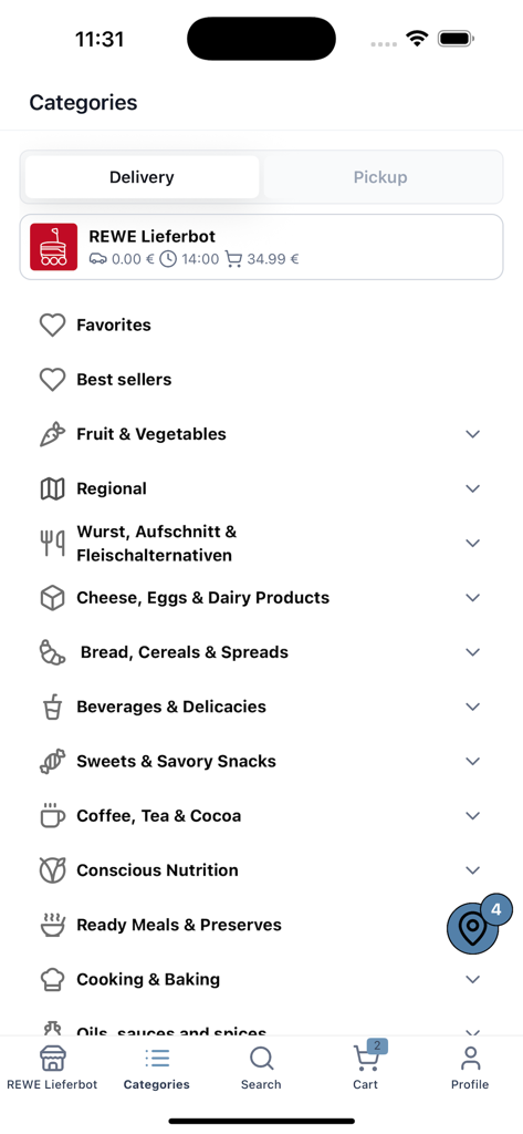 REWE Lieferbot - Kategorienmenü in der REWE Lieferbot Lebensmittel-App