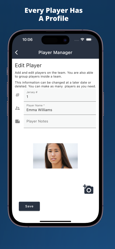 Interface of the Team Sheets app showing the player profile manager screen with jersey number, name, and photo fields.