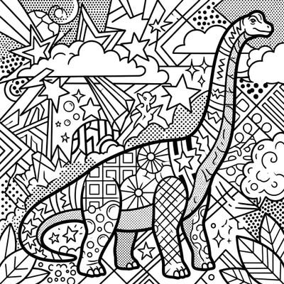 Bring a mighty Brachiosaurus to life with a burst of color in this dynamic Pop Art coloring page. Featuring bold lines, halftone dots, and an energetic background, it's a unique prehistoric adventure for your art supplies.