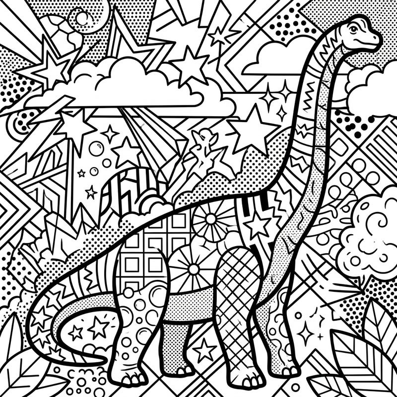 Bring a mighty Brachiosaurus to life with a burst of color in this dynamic Pop Art coloring page. Featuring bold lines, halftone dots, and an energetic background, it's a unique prehistoric adventure for your art supplies.