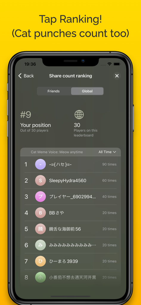 Cat Meme Voice: Meow anytime! - A global leaderboard screen in the Cat Meme Voice app showing user share count rankings.